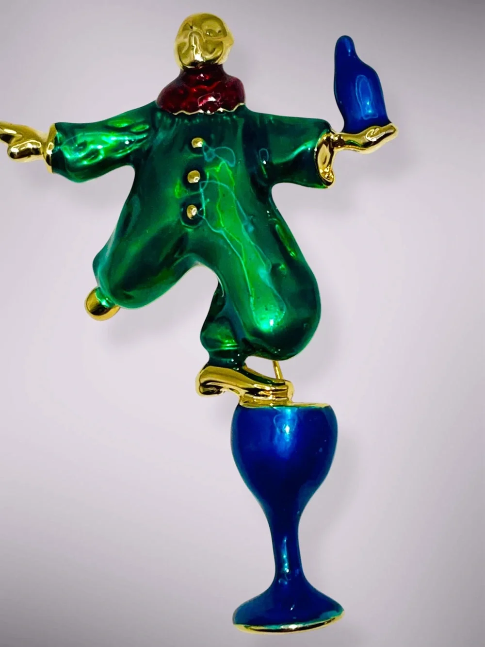 Vintage Enamel Pierrot Clown Champagne Glass Figural Brooch Pin Whimsical Retro